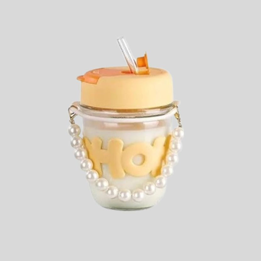 DK - Reusable Glass Coffee Mug with Lid & Straw – Stylish Pearl Handle, Hot & Cold Drinks, Eco-Friendly Tumbler