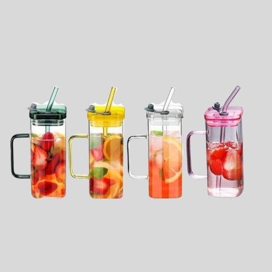 DK - Square Glass Tumblers with Lids & Straws –  Leakproof Drink Cups for Juice, Smoothies & Iced Coffee