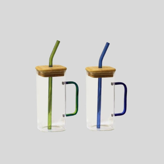 DK - Transparent Square Juice Sipper Tumbler with Wooden Lid & Straw – Premium Glass Mug