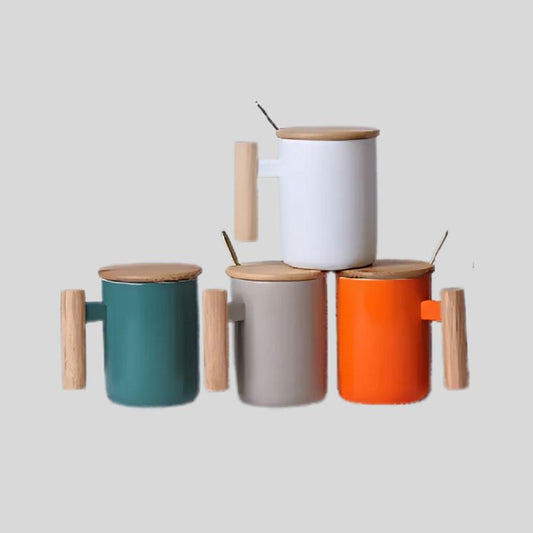 DK - Premium Ceramic Mug with Wooden Handle & Lid – Stylish & Functional Drinkware
