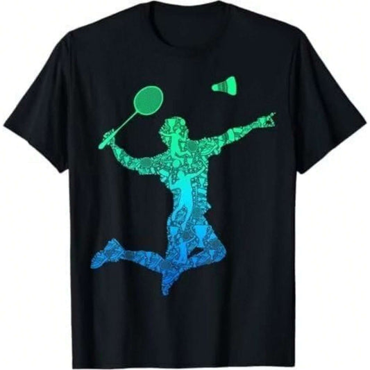 Black t-shirt with a blue-green gradient badminton player jumping for a smash, holding a racquet and shuttlecock.
