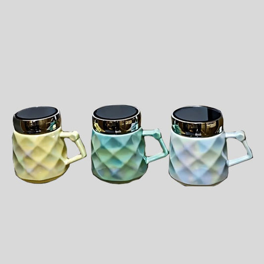 DK - Luxury Diamond-Pattern Ceramic Mug with Lid