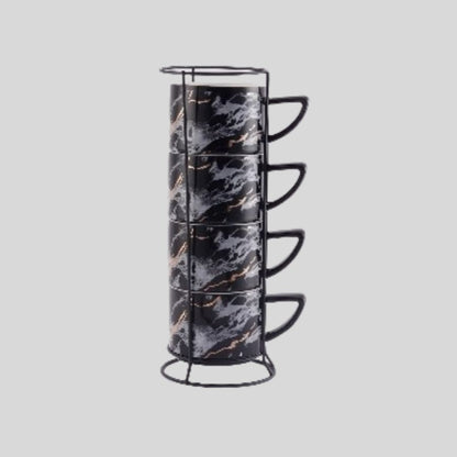 DK - Premium Marble Finish Ceramic Stackable Coffee Mug Set with Metal Stand – 4 Pieces, Black & White