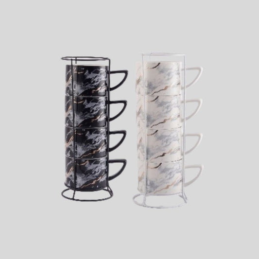 DK - Premium Marble Finish Ceramic Stackable Coffee Mug Set with Metal Stand – 4 Pieces, Black & White
