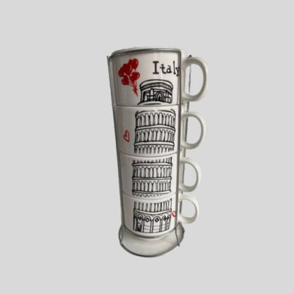 DK - Ceramic Stackable Coffee Mug Set with Eiffel Tower & Leaning Tower Designs – 4 Piece Cups with Stand