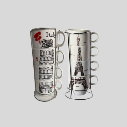 DK - Ceramic Stackable Coffee Mug Set with Eiffel Tower & Leaning Tower Designs – 4 Piece Cups with Stand