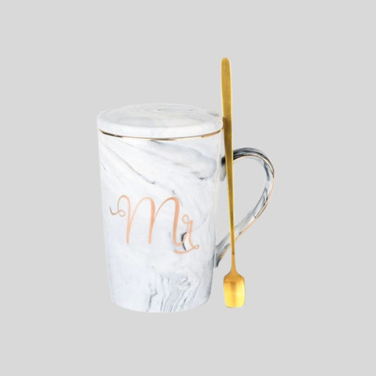 DK - Premium Marble Ceramic Mug with Lid & Gold Spoon – “Mr” Design, Elegant Coffee & Tea Cup