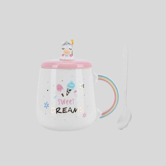 DK - Unicorn Ceramic Mug with Lid & Spoon | Sweet Dreams Design | Cute Gift for Coffee, Tea & Milk