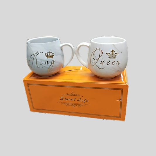 DK - King & Queen Ceramic Coffee Mug Set | Premium Gift Box Packaging | 300ml Marble Finish Cups