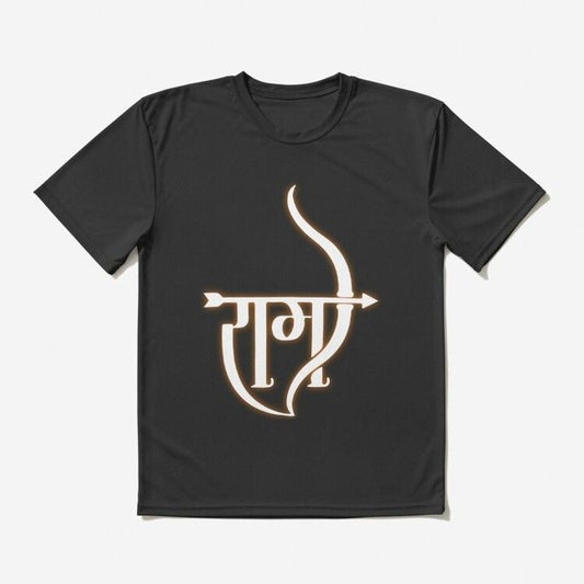 Black T-Shirt with a stylized bow and arrow design above "राम" (Ram) written in Devanagari script.