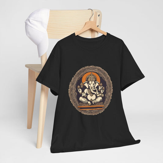 This black t-shirt showcases a vintage-style Ganesha design, a divine blessing to wear. 