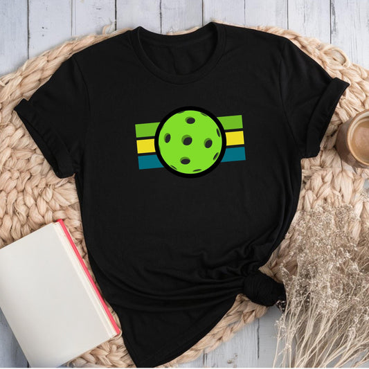 Black t-shirt with a retro-striped pickleball graphic.