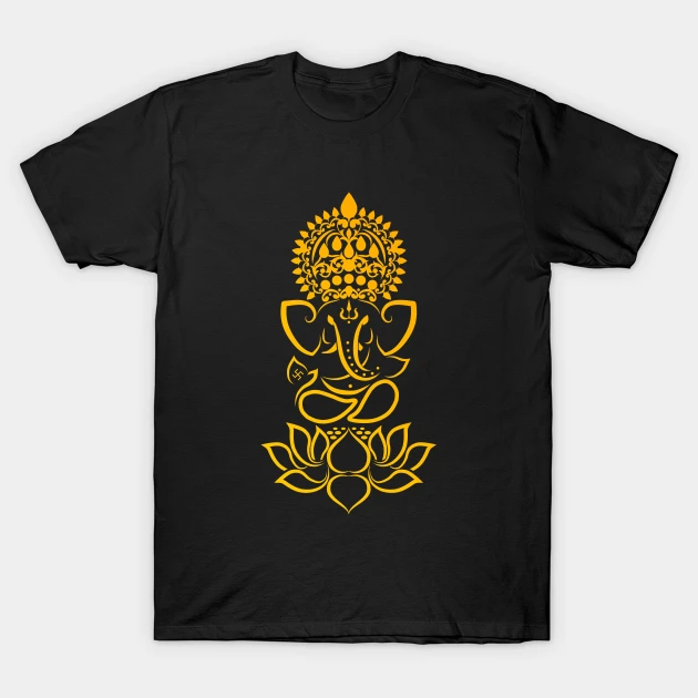 A golden Ganesha design graces this black t-shirt, radiating divine blessings.