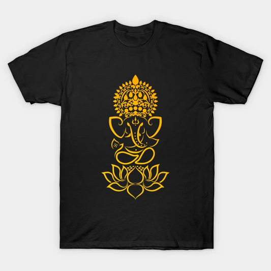 A golden Ganesha design graces this black t-shirt, radiating divine blessings.
