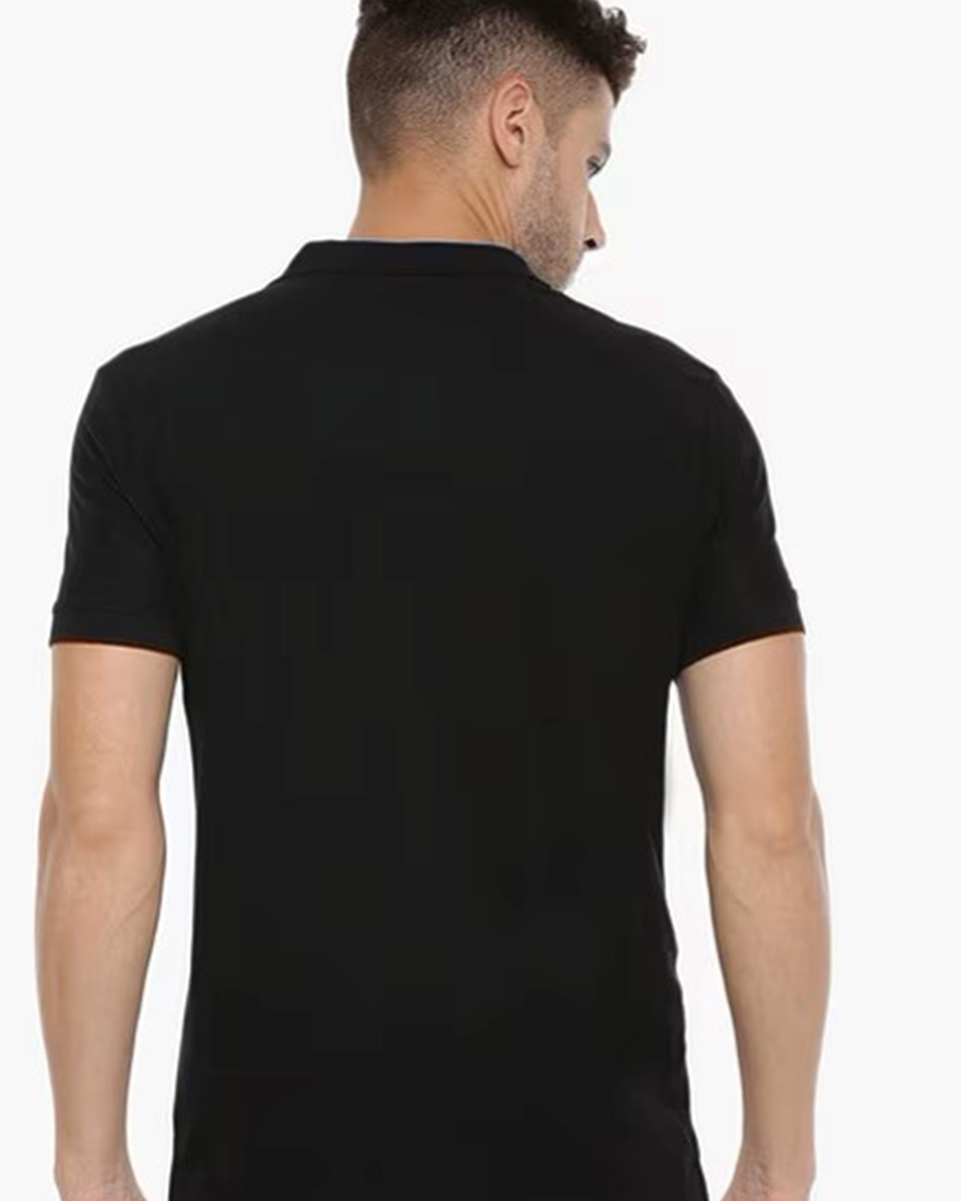A men with short black short-sleeved polo t-shirt back side view
