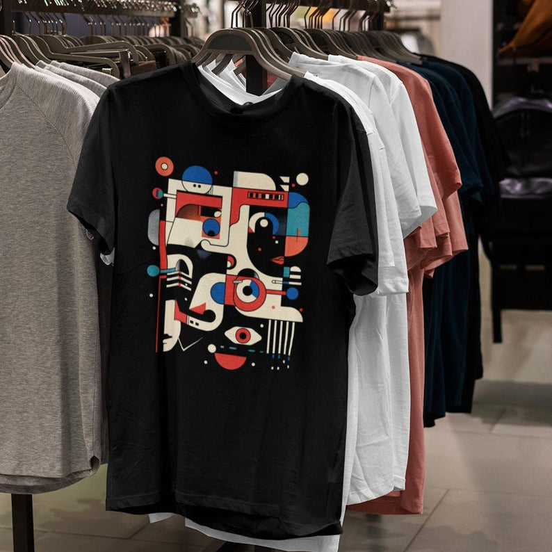 Abstract Geometric Face Black T-shirt in Hanger.