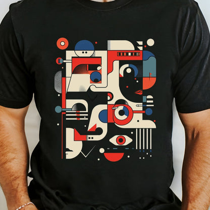 Black t-shirt featuring a modern art abstract face design with geometric shapes.