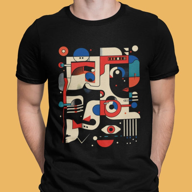 Black t-shirt featuring a modern art abstract face design with geometric shapes in red, white, and blue.