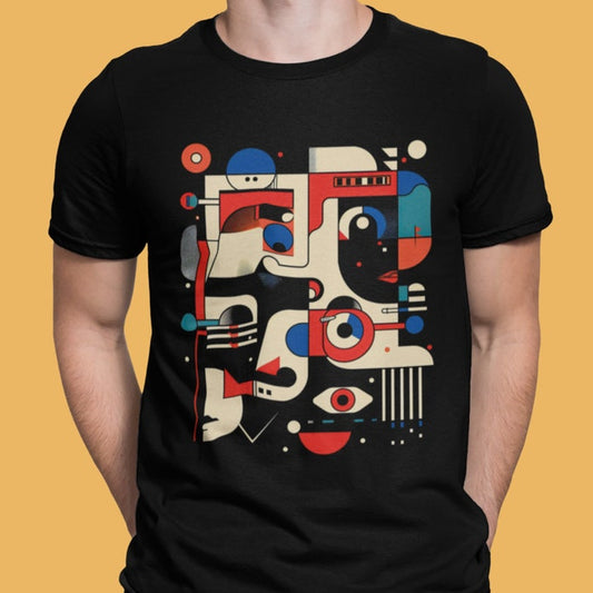 Black t-shirt featuring a modern art abstract face design with geometric shapes in red, white, and blue.