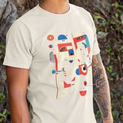 White t-shirt featuring a modern art abstract face design with geometric shapes in red, white, and blue.