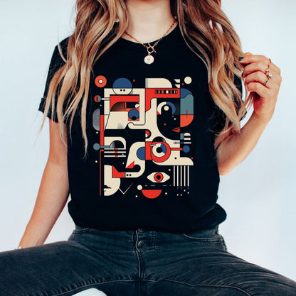 Black t-shirt featuring a modern art abstract face design.