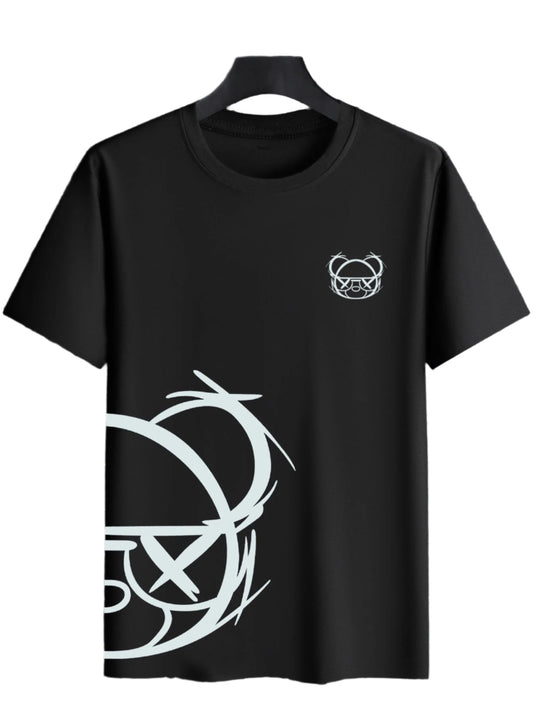 Dark-colored oversize t-shirt with a small bear-like face graphic at the chest and a larger abstract white graphic on the lower left side.