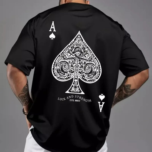 Black oversize t-shirt with a large white Ace of Spades graphic on the back, featuring intricate designs within the spade shape. The letters "A" and "Luck and Strength ESTD: MMXV" are also visible.