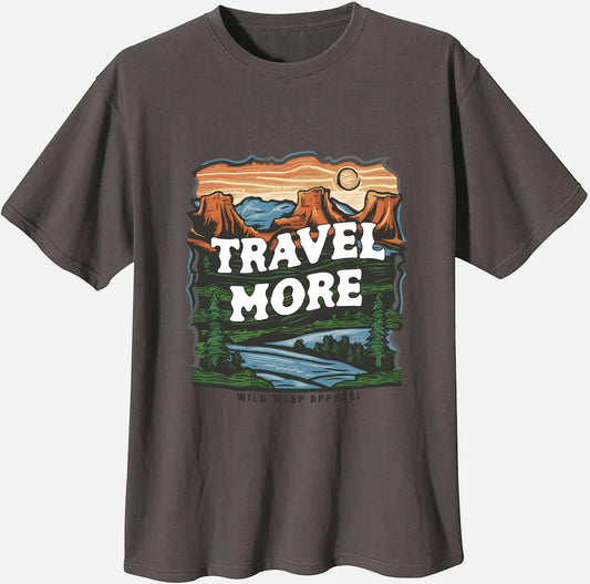 Charcoal gray t-shirt with a colorful landscape graphic and the text "Travel More".