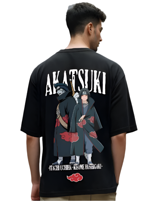 Dark-colored oversize t-shirt with "Akatsuki" text, a graphic of Itachi Uchiha and Kisame Hoshigaki from Naruto, and their names printed below.