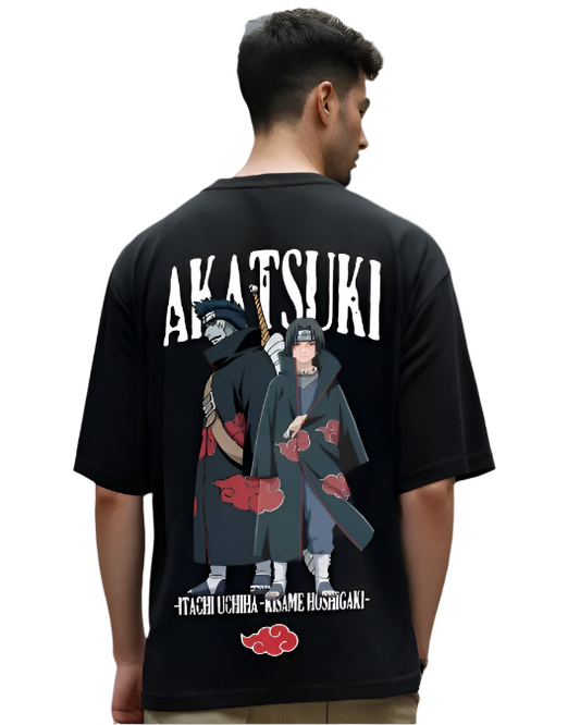 Dark-colored oversize t-shirt with "Akatsuki" text, a graphic of Itachi Uchiha and Kisame Hoshigaki from Naruto, and their names printed below.