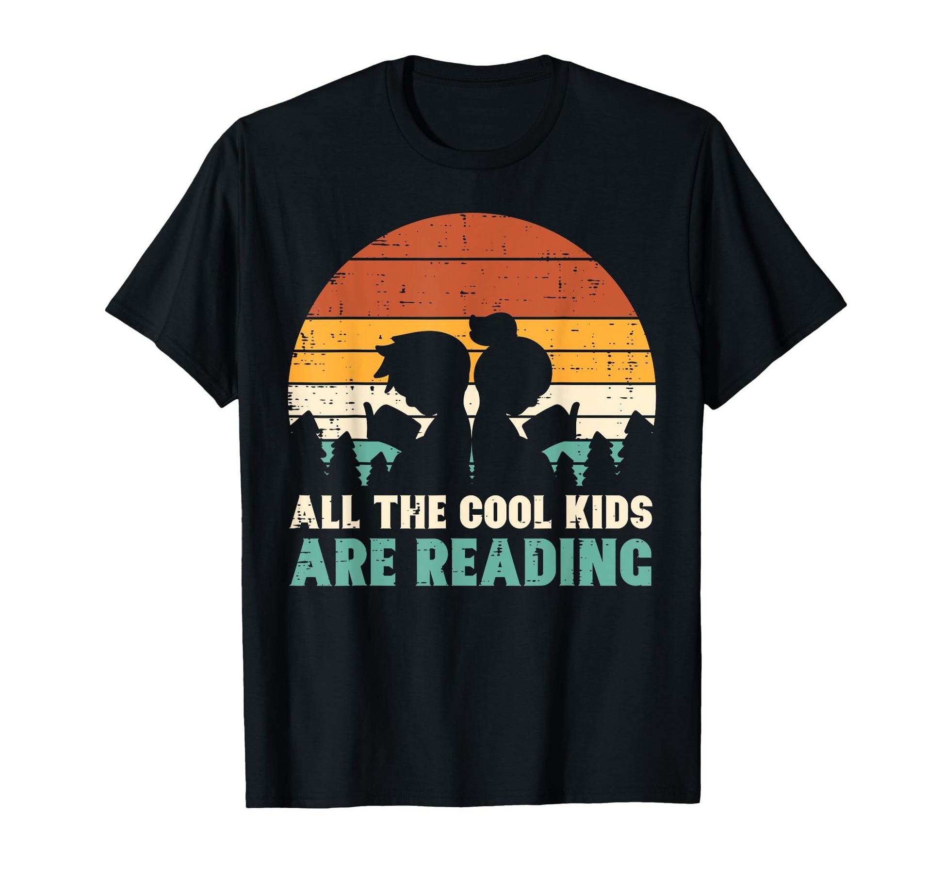Black t-shirt with "All the Cool Kids Are Reading" and a retro sunset graphic with silhouettes of two children reading.  A stylish design for book enthusiasts.