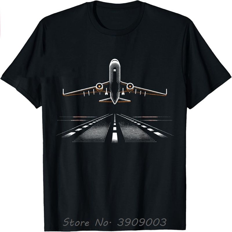 Black t-shirt featuring a stylized airplane taking off from a runway, viewed from behind.