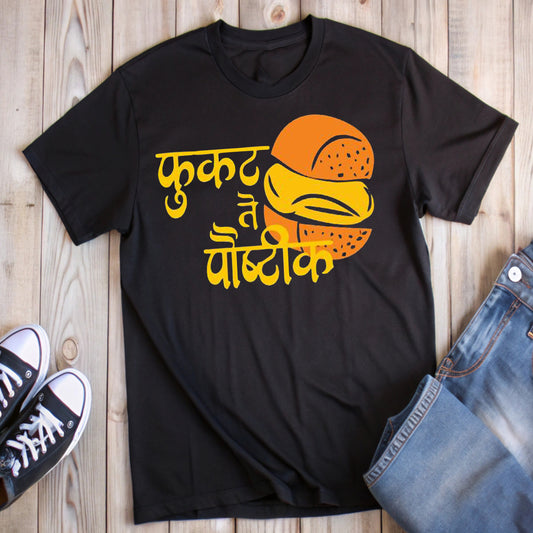  Black t-shirt with a yellow and orange burger graphic and Marathi text "फुकट ते पौष्टिक" (Free is nutritious), styled with jeans and sneakers.