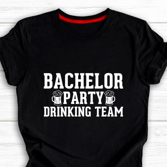 Black cotton t-shirt with white text "BACHELOR PARTY DRINKING TEAM" and two graphic beer mugs.