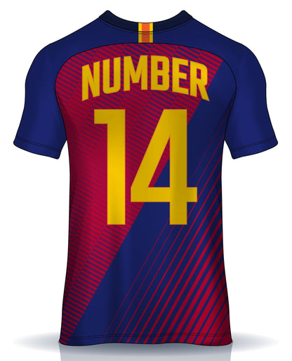 Blue and red Barcelona Soccer T-Shirt with sponsor logo and number 14.