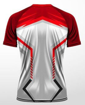 Back Side Red and white sublimation soccer T-Shirt with black accents.