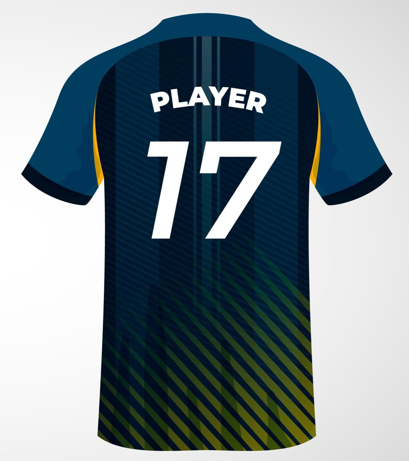 Back Side of Blue and yellow soccer jersey T-Shirt with sponsor and player number 17.