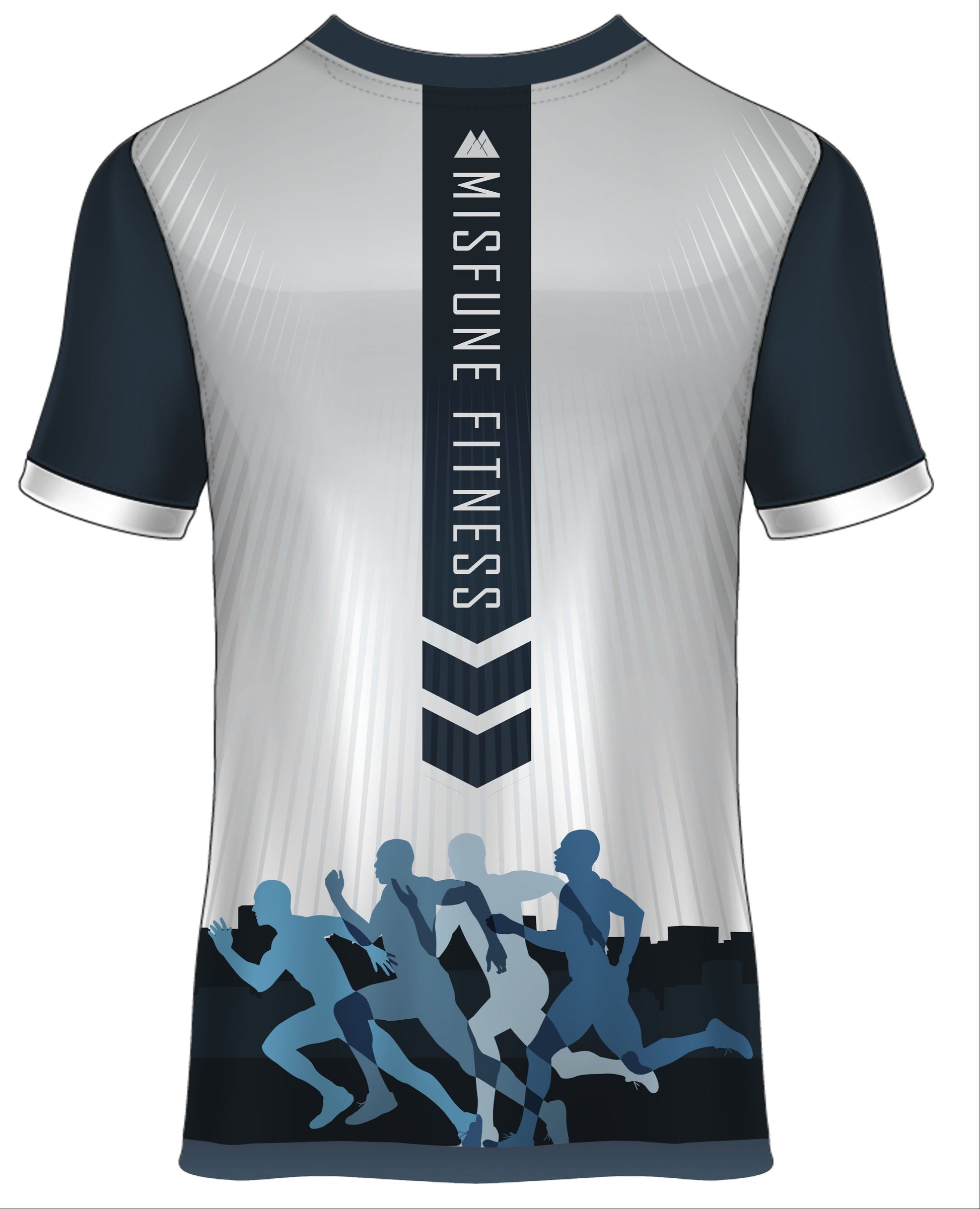 Back Side of Silver running T-Shirt with navy accents and Misfune Fitness branding.