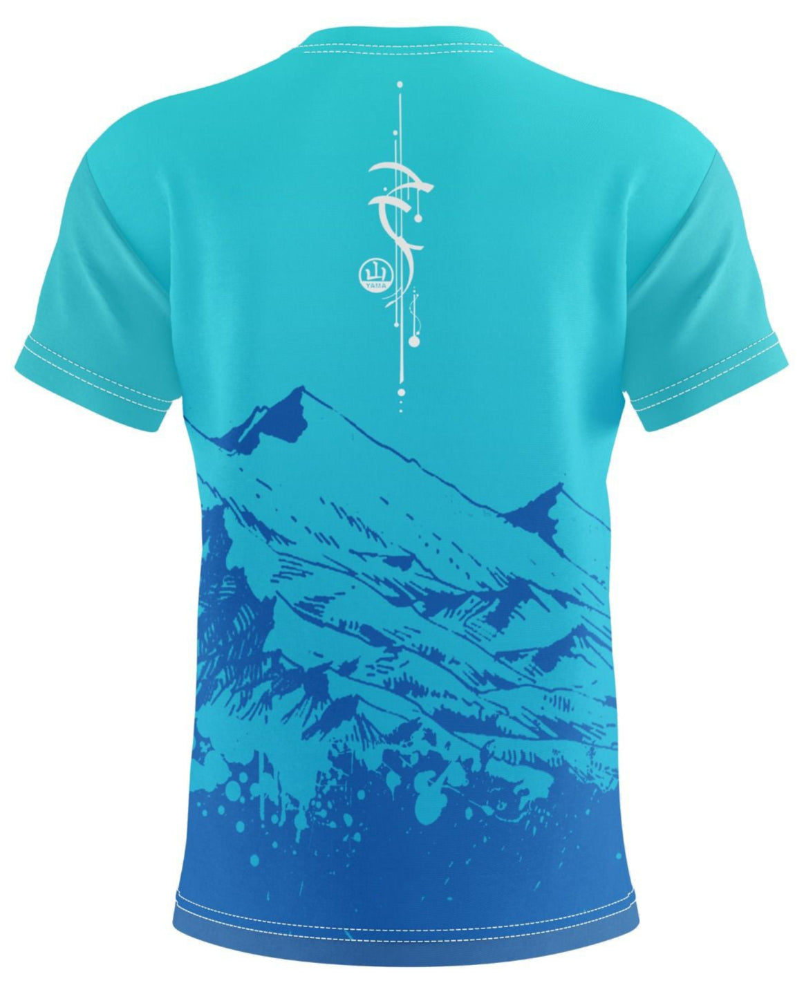 Back Side of Teal T-Shirt featuring a blue mountain range graphic with sublimation print.