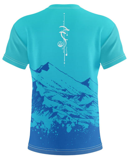 Back Side of Teal T-Shirt featuring a blue mountain range graphic with sublimation print.