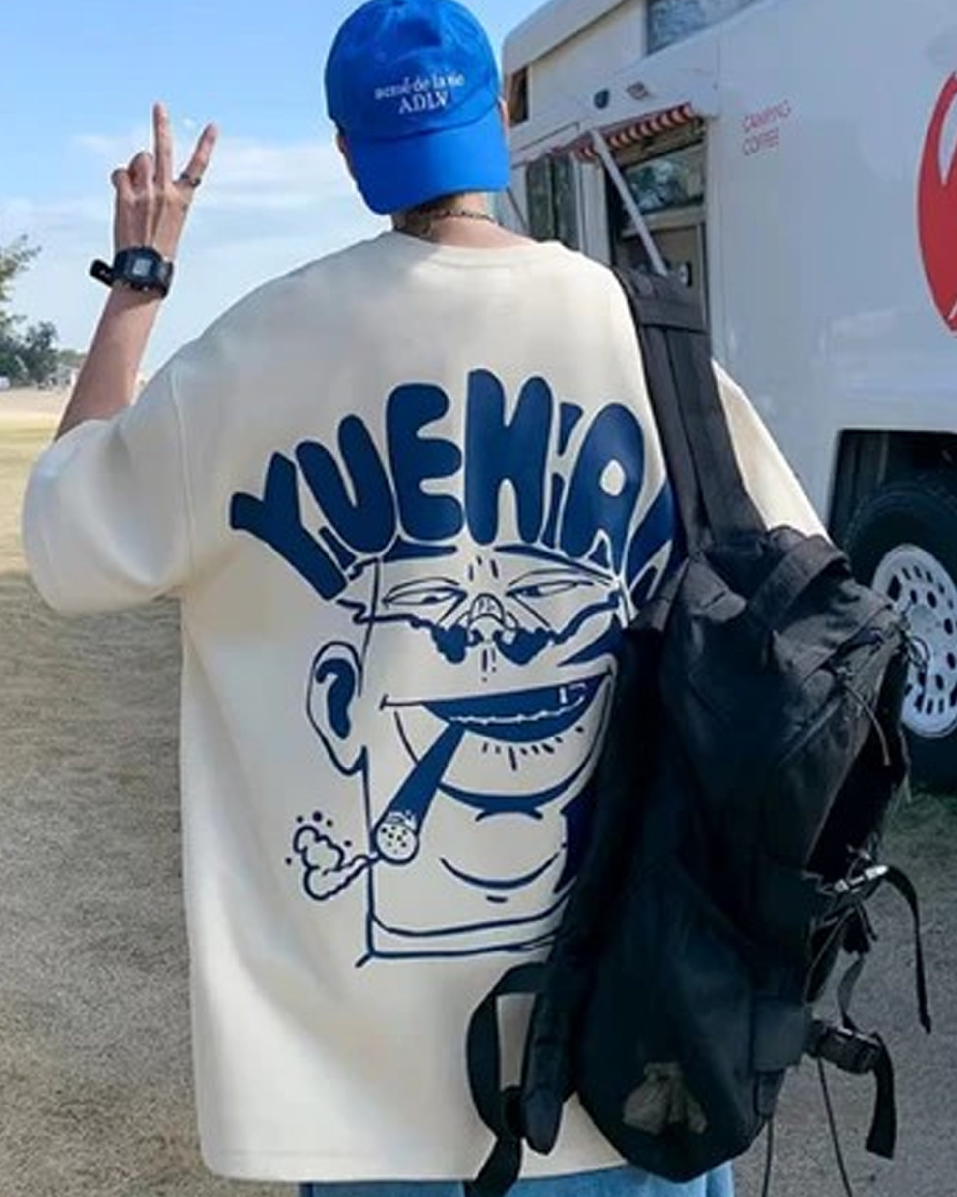 Back Side of Yuehan Printed White Oversized T-Shirt