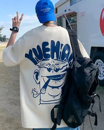 Back Side of Yuehan Printed White Oversized T-Shirt