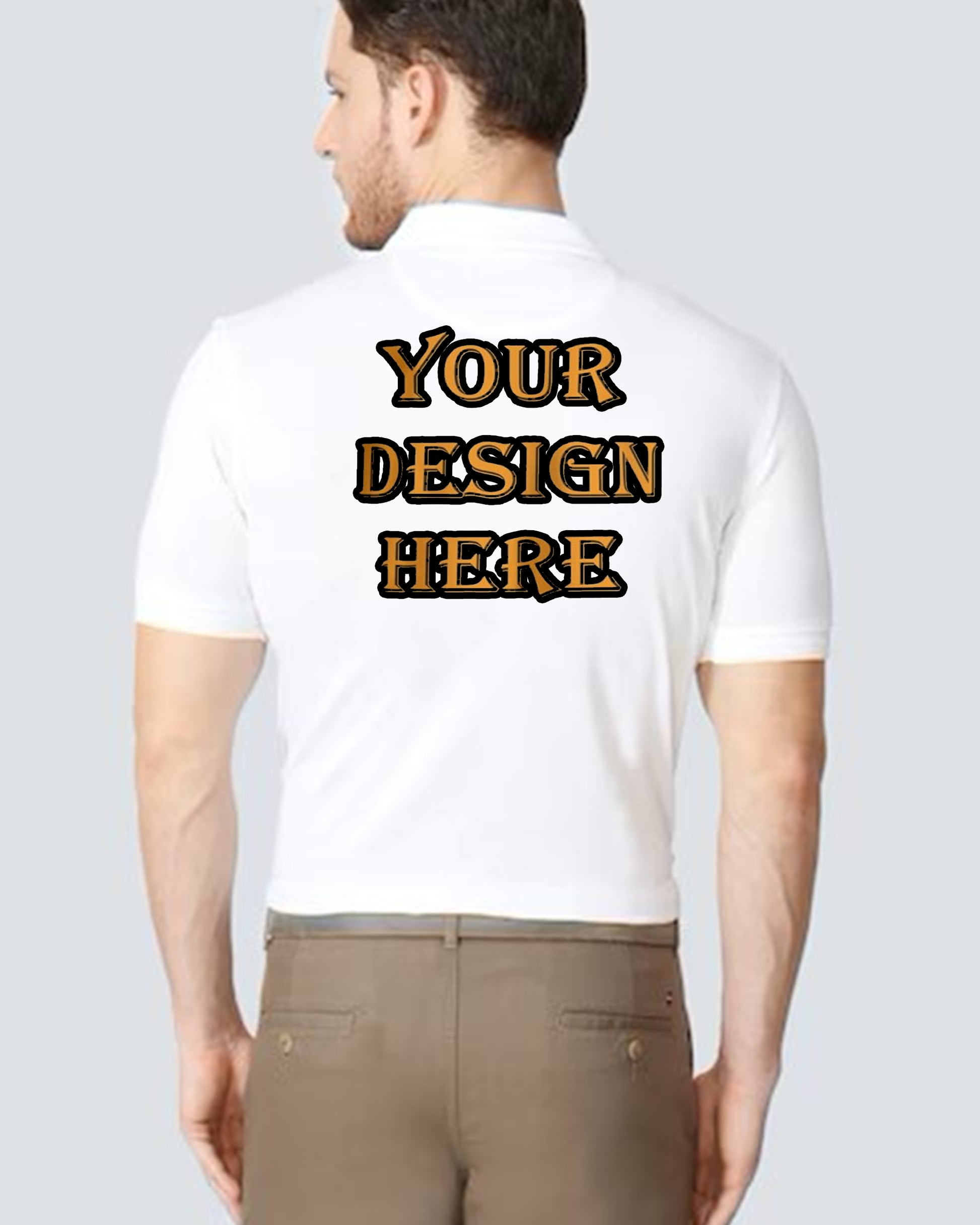  A men from the back wears a white polo t-shirt with a "Your Design Here" placeholder.