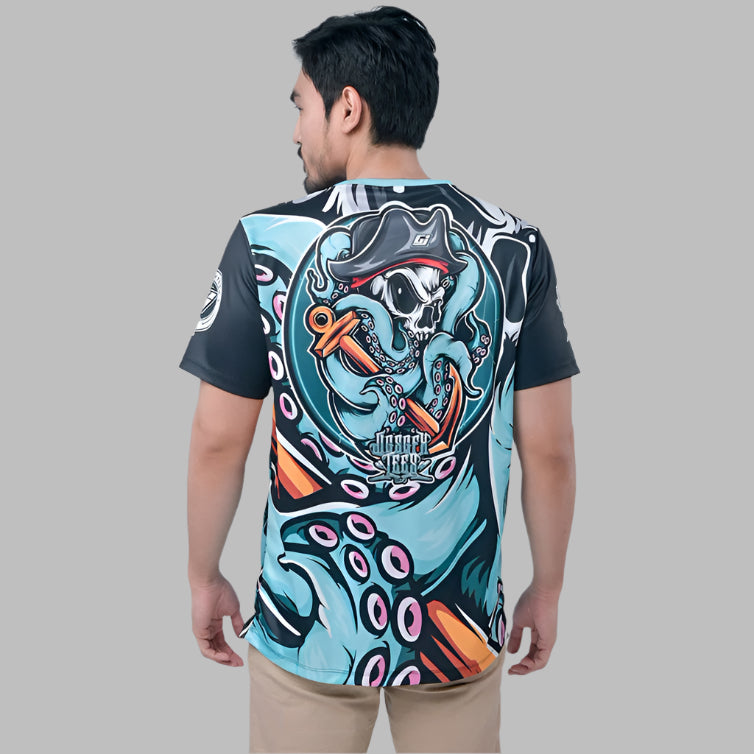 Back View Sublimation T-Shirt with a teal octopus graphic print and black sleeves.