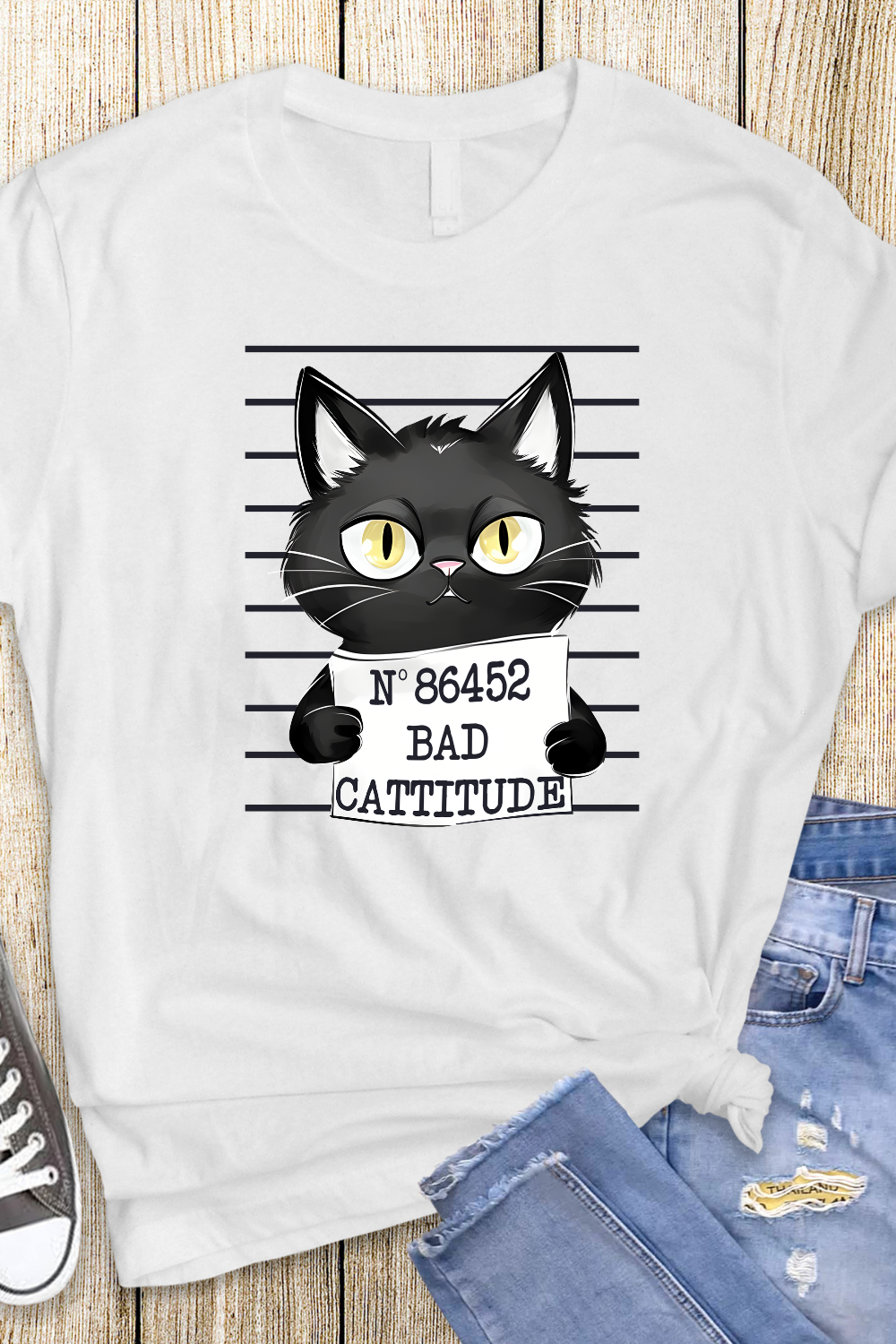 "Bad Cattitude" t-shirt features a distinctive, high-quality print, showcasing our premium design and material excellence.