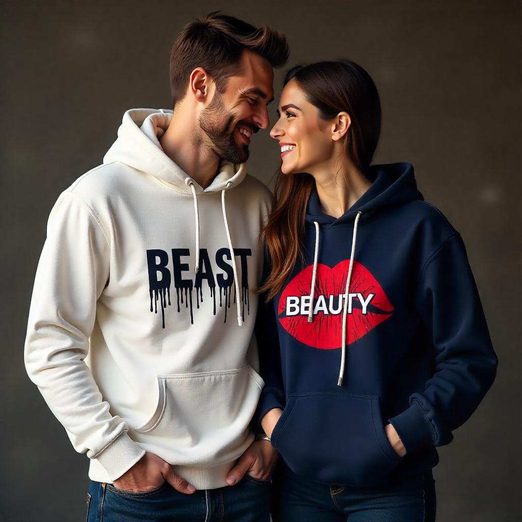Beast White & Navy Blue Beauty Couple Hoodies