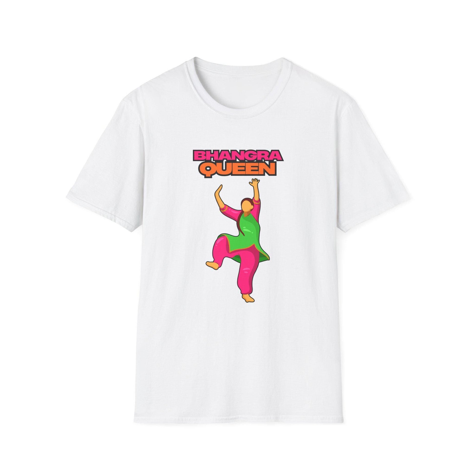  White t-shirt with a cartoon of a woman in pink and green Punjabi suit dancing and "BHANGRA QUEEN" text.