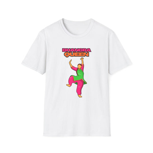  White t-shirt with a cartoon of a woman in pink and green Punjabi suit dancing and "BHANGRA QUEEN" text.