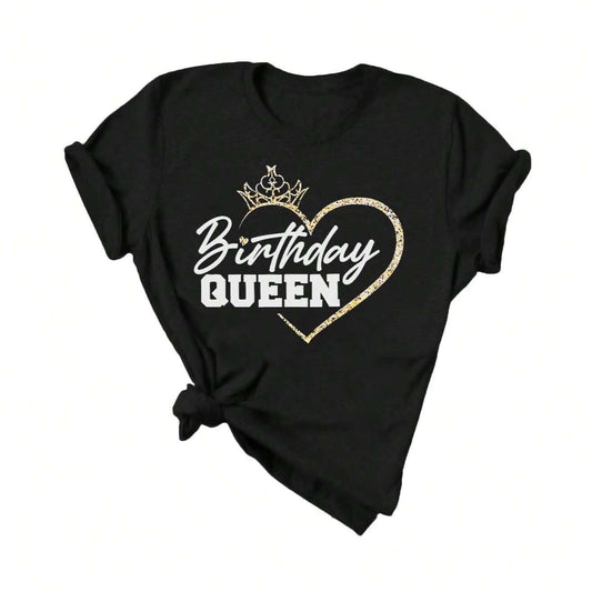 Black t-shirt with "Birthday Queen" in white script and a golden heart design.  Elegant, celebratory apparel for the birthday royalty.