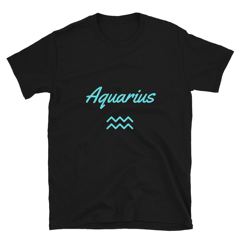 Black t-shirt displays the word "Aquarius" in teal script above the Aquarius zodiac symbol.